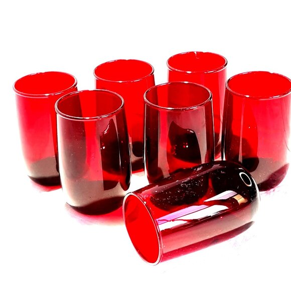 Ruby Rolly Polly 7 Red Juice Glasses Anchor Hocking 6 oz Retro MCM - Picture 2 of 6